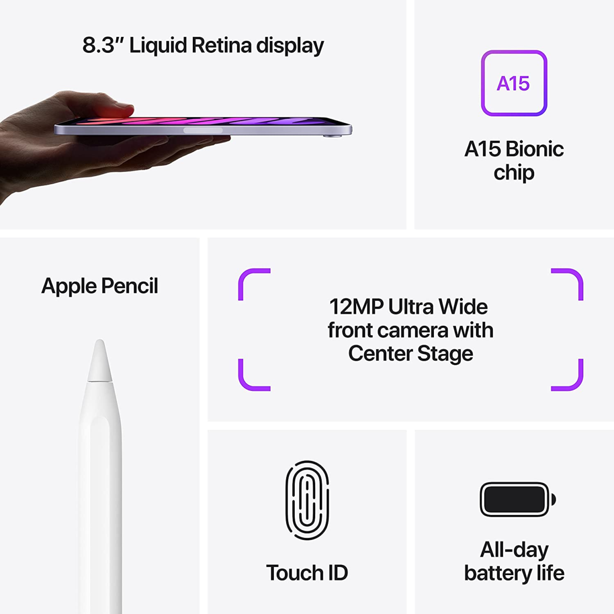 Ipad Mini (6Th Generation): A15 Bionic, 8.3-Inch Liquid Retina Display, 64GB, Wi-Fi 6, 12MP Front/12Mp Back Camera, Touch ID, All-Day Battery Life – Purple - Image 5