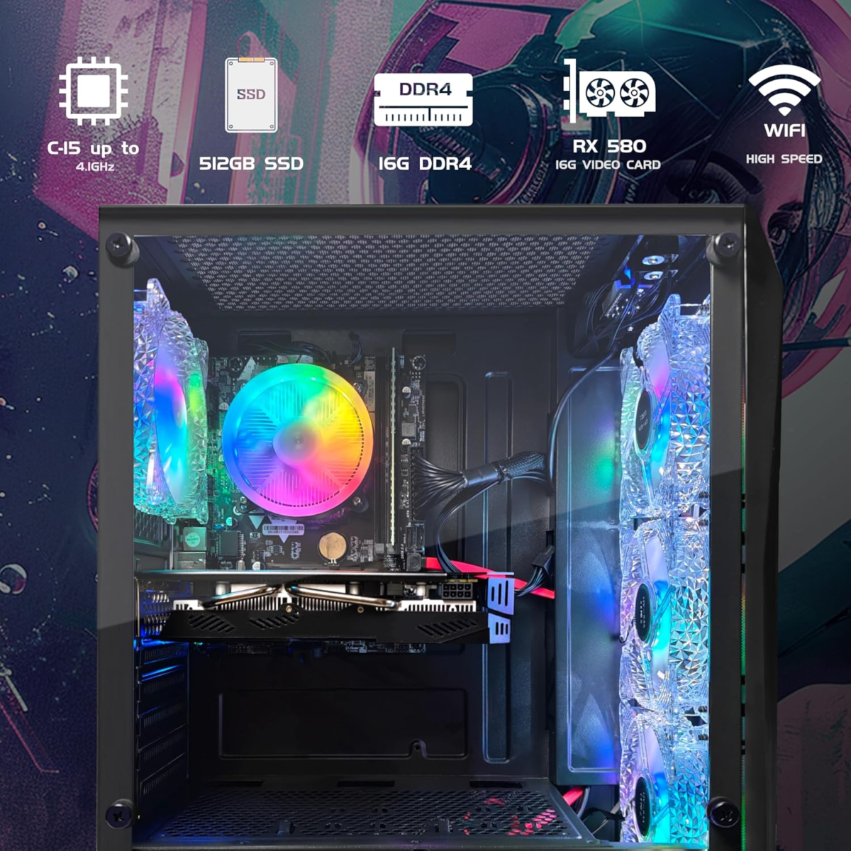 Gaming PC Computer Desktop, Radeon RX 580 16G GDDR5, Intel Core I5-9400F up to 4.1Ghz, 16G DDR4 Memory, 512G SSD, 600M Wifi, BT 5.0, RGB Fan X 4, RGB Mouse Pad, Windows 11 Home - Image 4