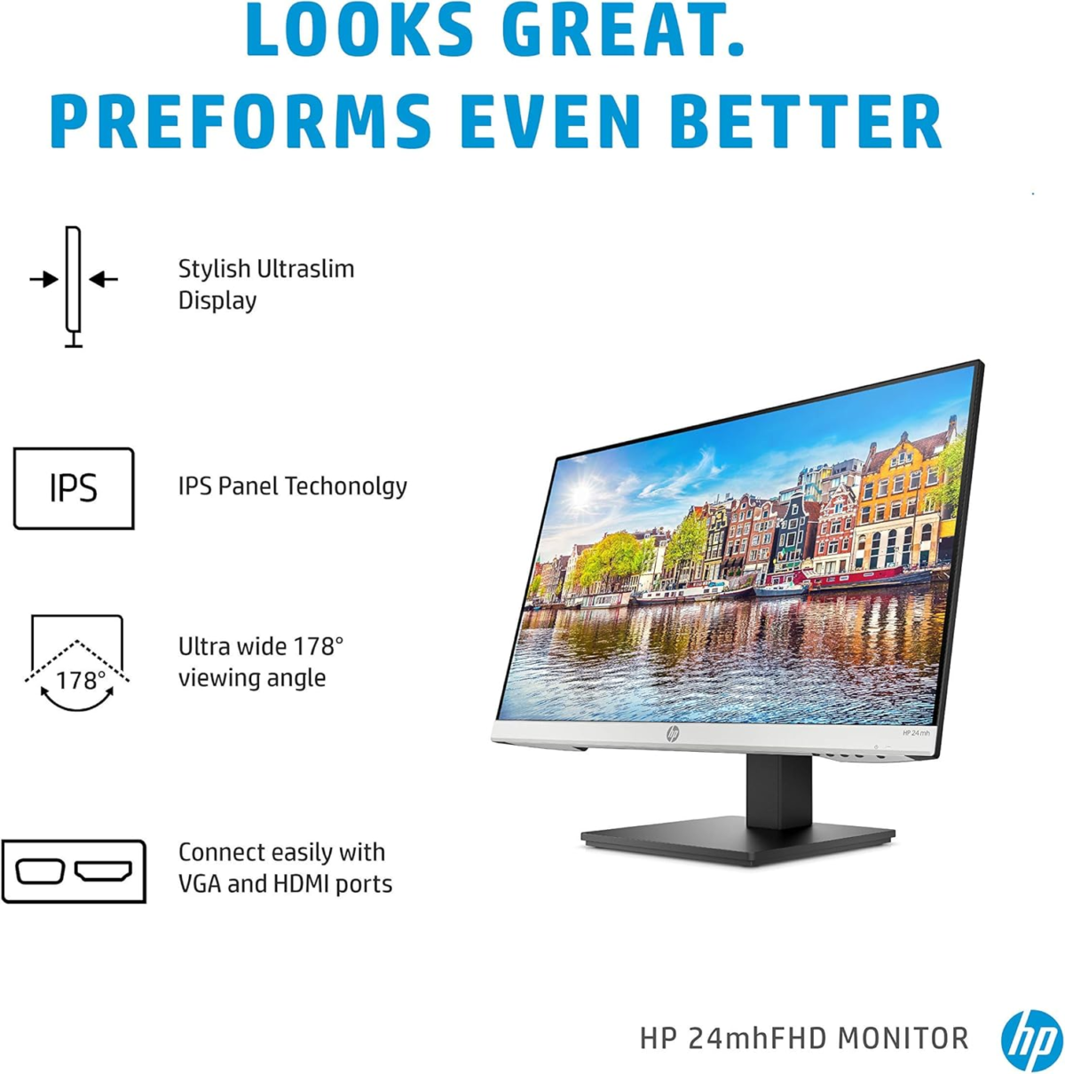 24Mh FHD Computer Monitor with 23.8-Inch IPS Display (1080P) - Built-In Speakers and VESA Mounting - Height/Tilt Adjustment for Ergonomic Viewing - HDMI and Displayport - (1D0J9AA#ABA) - Image 2