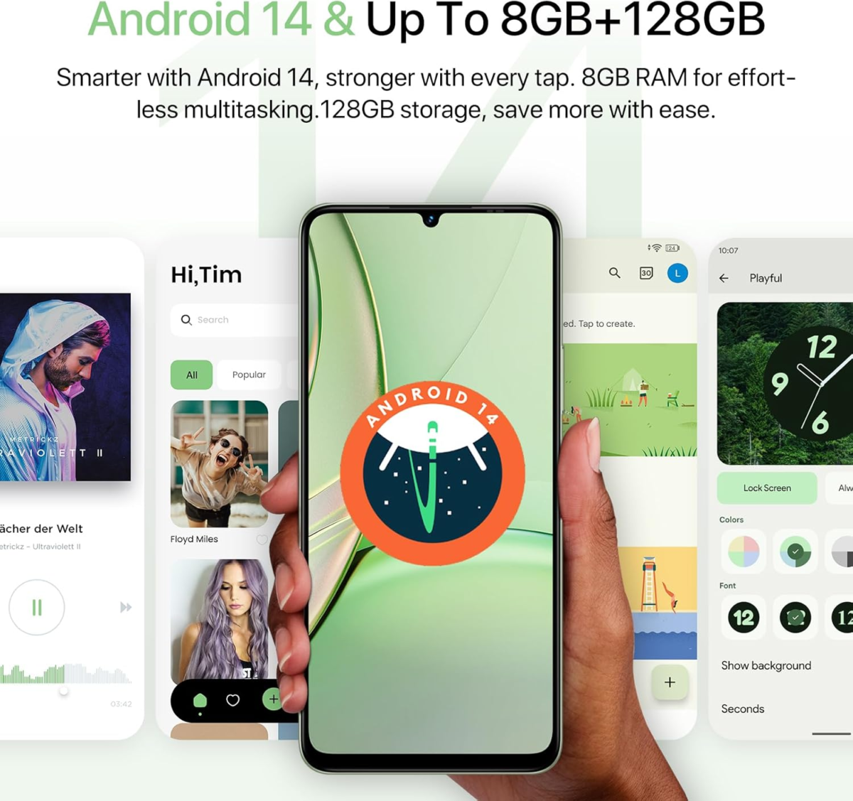 G9T Cell Phone, Android 14 Smartphone Unlocked, 6.75" HD+ 90Hz Display, 5000Mah Battery, 18W Fast Charging, 8(4+4)+128GB/1TB TF, 13MP Camera, AI Face & Fingerprint Unlock, 4G Dual SIM, GPS - Image 2