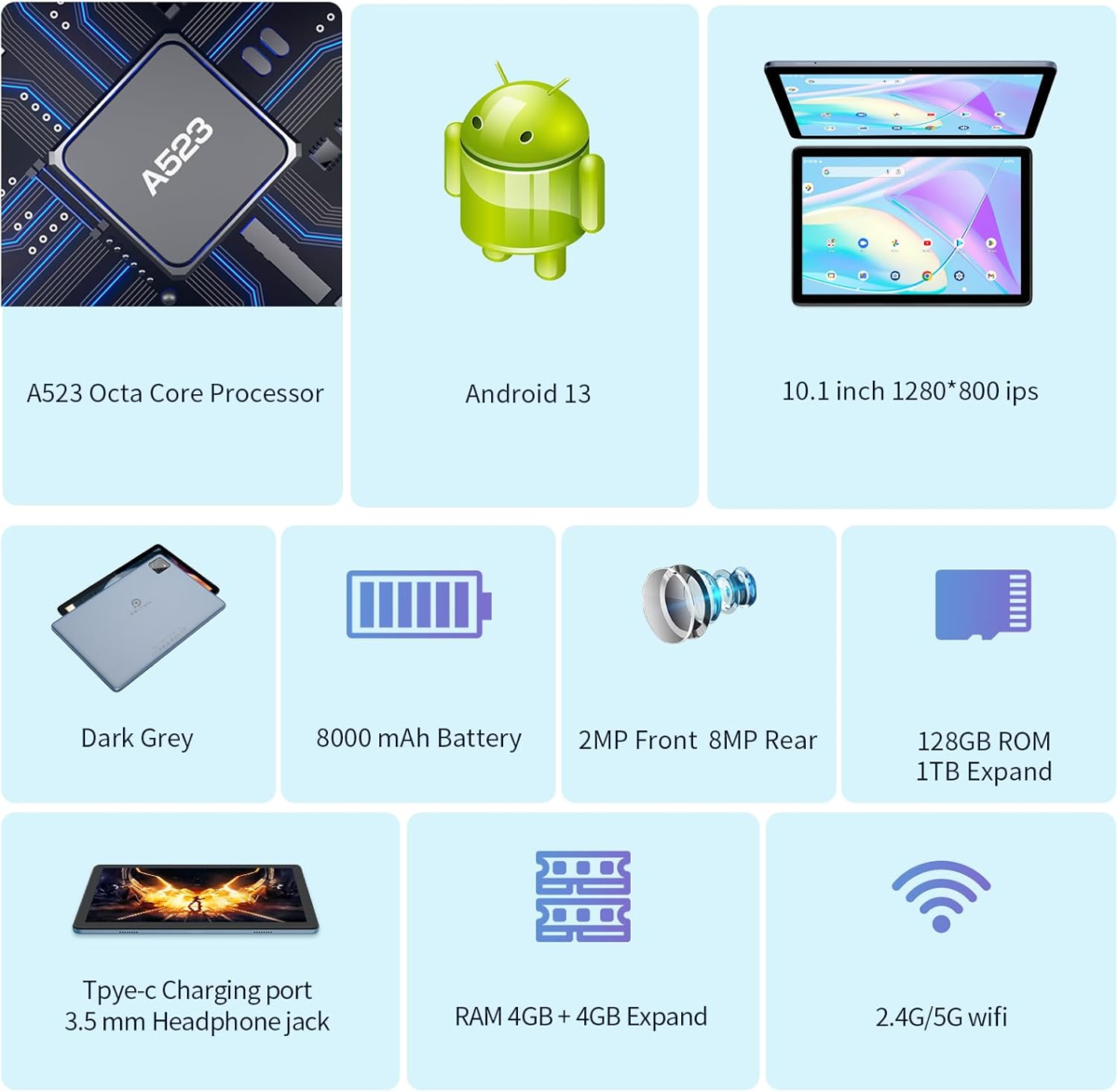 2024 Newest Android 13, 10 Inch Android Tablet, 8GB RAM + 128GB ROM, Octa-Core Processor, IPS Touchscreen, 2.4&5G Wifi6, Bluetooth 5.0, Keyboard,Mouse,Case - Image 6