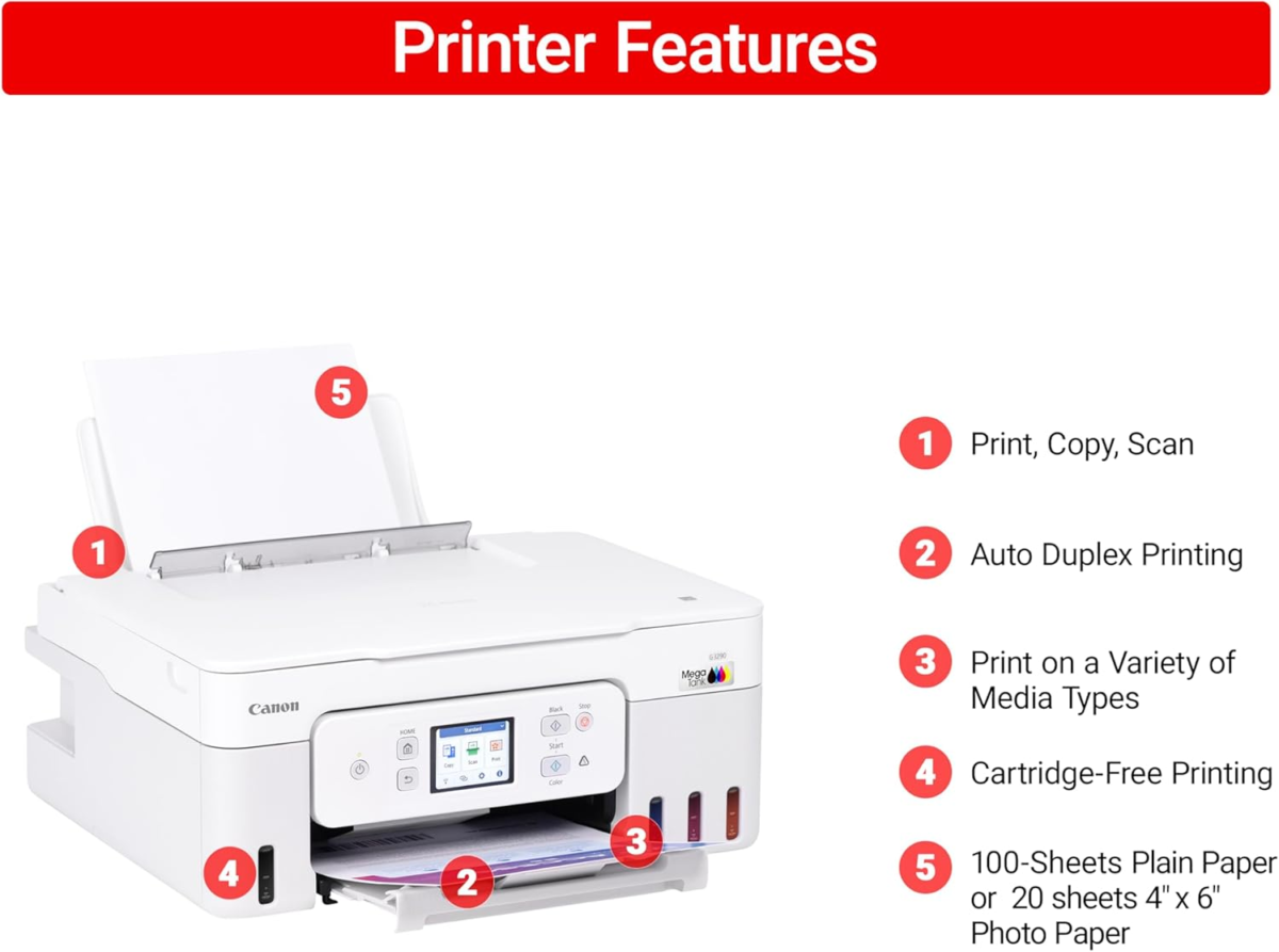 Megatank G3290 All-In-One Wireless Supertank [Megatank] Printer | Print, Copy Scan | Mobile Printing |2.7" LCD Color Touchscreen | Auto Duplex - Image 2